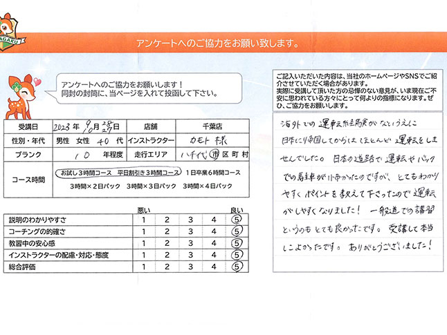 八千代市 40代女性 ペーパードライバー講習アンケート