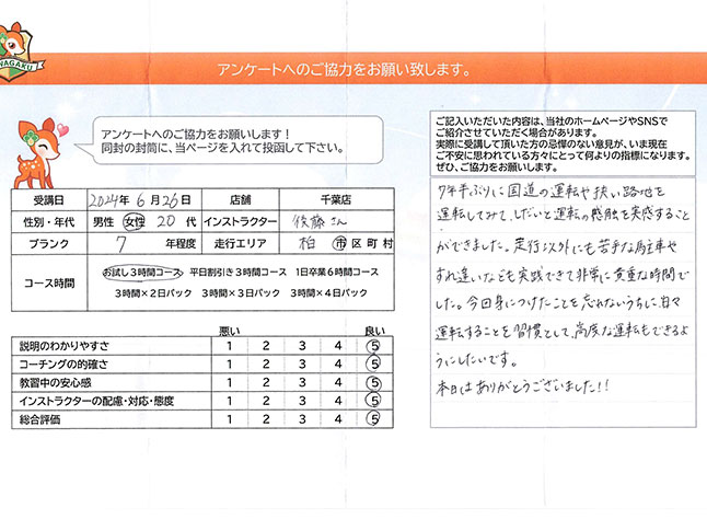 柏市 20代女性 ペーパードライバー講習アンケート